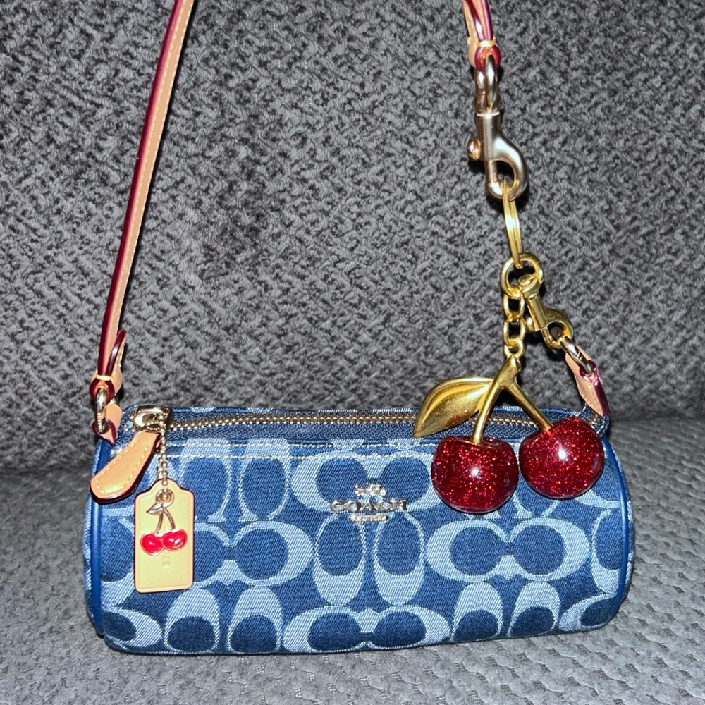 Coach Blue Monogram Shoulder Bag with Red Cherry Charm